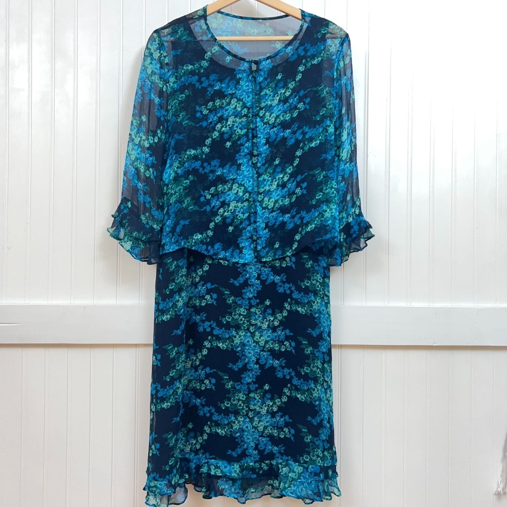 Vtg Dress Set Blue Artsy Floral Sheer Overlay Ruffle Hem Fun Long Sleeve Wmns M
